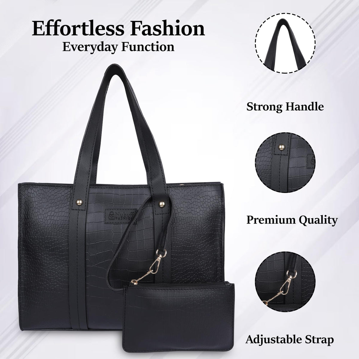 NUBUFF FASHION Womens croco Textured Shoulder Tote Bag (BLACK)