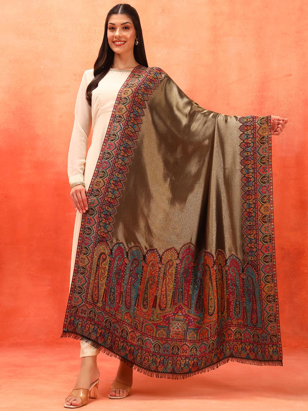 Pashmoda Women Zarvash Fine Wool Kaani Shawl, Authentic Kashmiri Luxury Pashmina Style Shawl, Stole, Medium Gents Lohi, Size (40x80 Inches, Multi Color) MZSS06