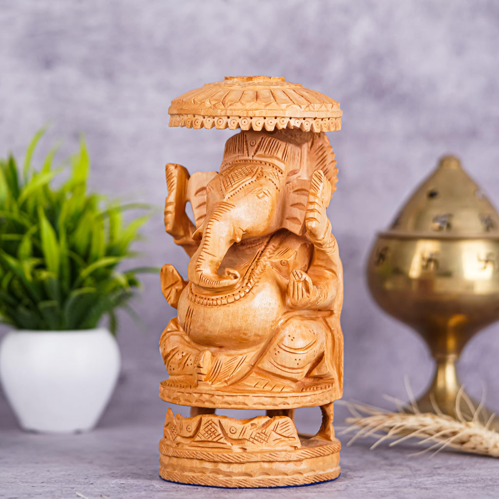 Vasu Creation Hand-Carved Wooden Lord Ganesha Statue with Decorative Umbrella, Traditional Indian Home Decor (4 inch)