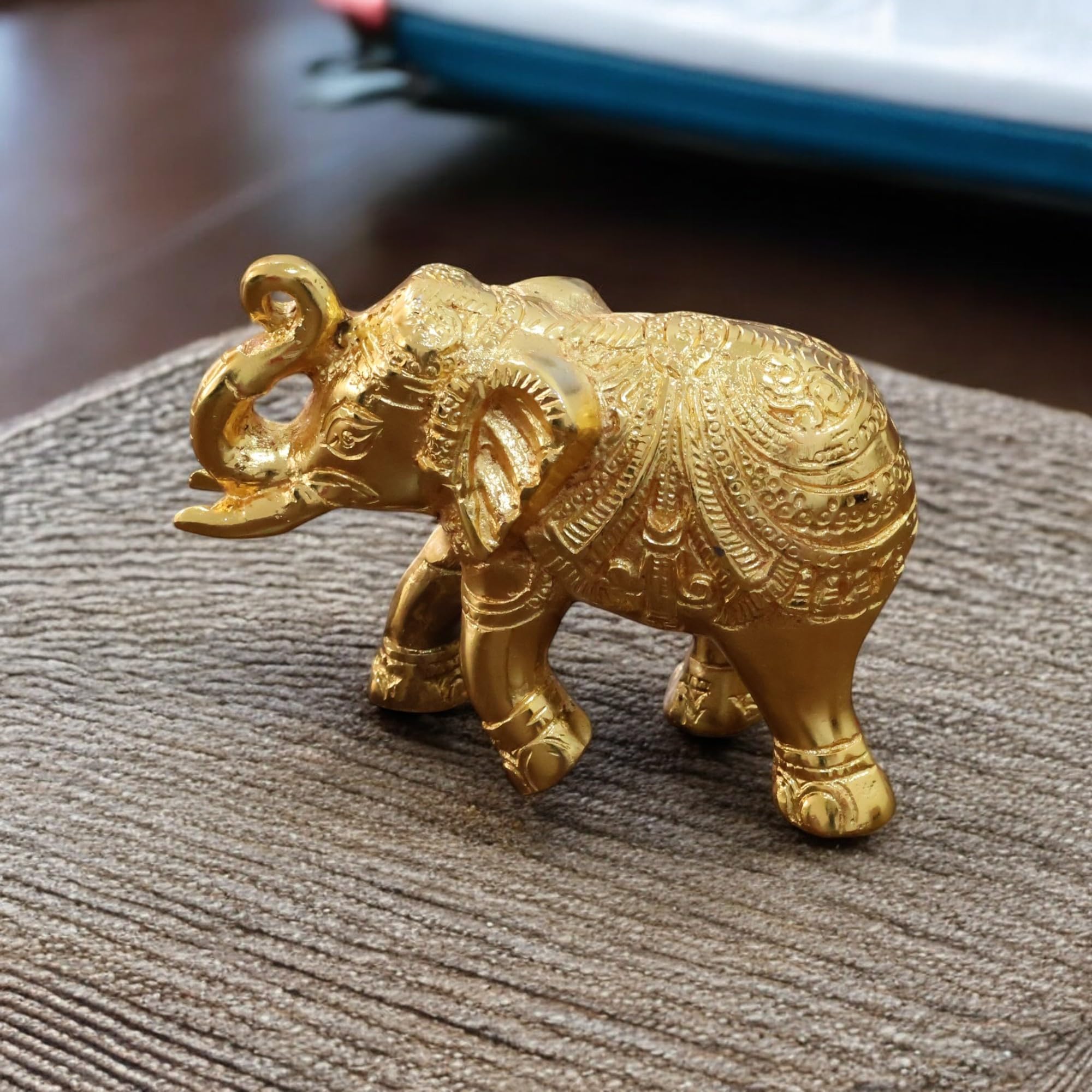 KridayKraft Decorative Golden Elephant Statue Trunk up Metal Figurine, 12 cm x 9.5 cm x 6 cm, 400 gm, Traditional Design