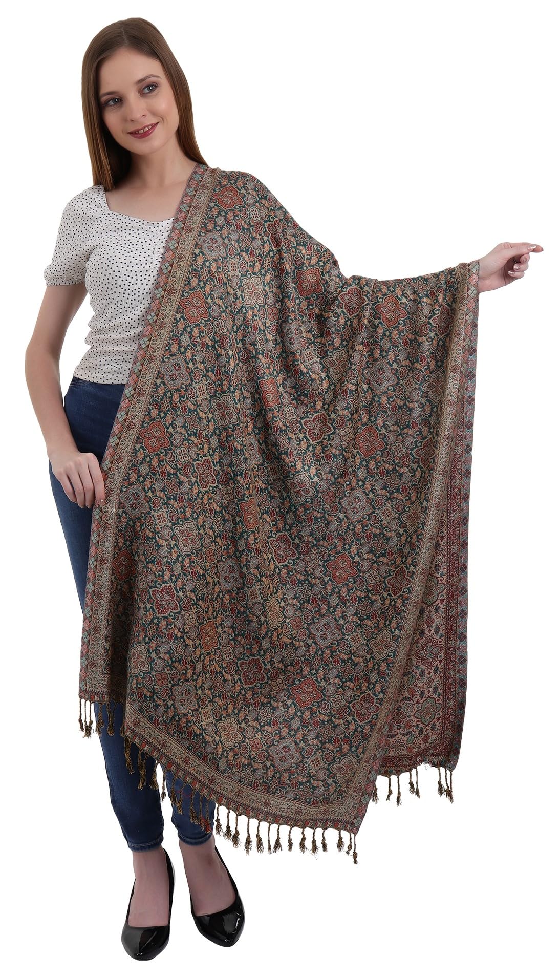 EH female Reversible Jamawar Multicolor Viscose Silk,Floral & Paisley Super Soft Pashmina Stoles/Scarf (Flower Teal Green)
