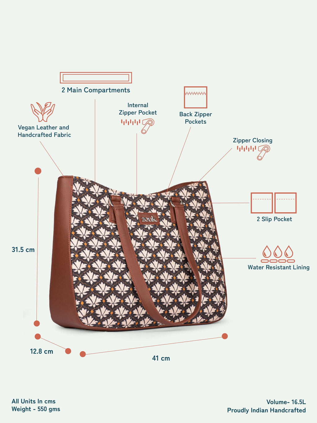 ZOUK Bidri Kaiser Getaway Handbag | Jute | Vegan Leather Handcrafted Tote Bag | Black and White