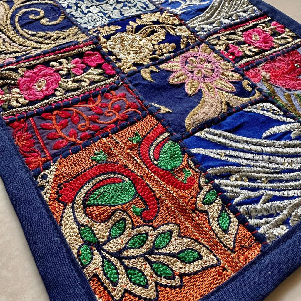 ATRANGI STUDIO Patchwork Table Runner | Traditional Rajasthani Khambadiya Craft | Handmade Dining Table Runner for Home Decor | Colourful Dining Setup | 14x60 Inch, Blue