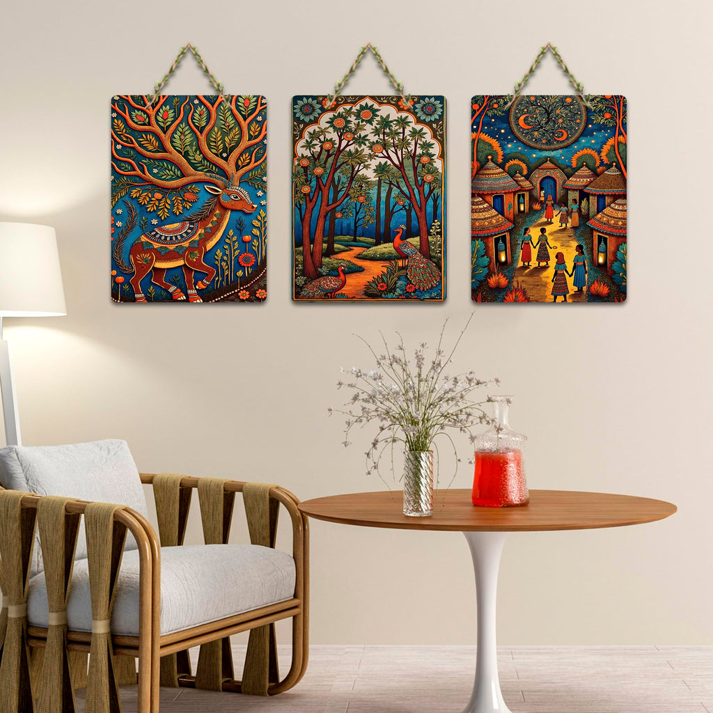 Artvibes Traditional Indian Nature Artwork Decorative MDF Wooden Wall Art for Home | Printed Wall Decoration | Graphic Artwork | Aesthetic Wooden Decor | Sceneries | Ideal Gifts (WH_96103N), Set of 3