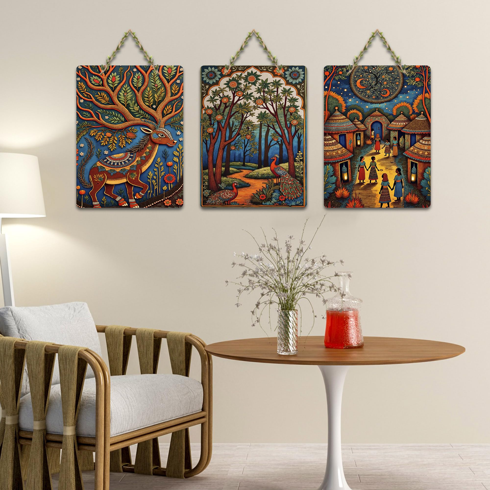 Artvibes Traditional Indian Nature Artwork Decorative MDF Wooden Wall Art for Home | Printed Wall Decoration | Graphic Artwork | Aesthetic Wooden Decor | Sceneries | Ideal Gifts (WH_96103N), Set of 3