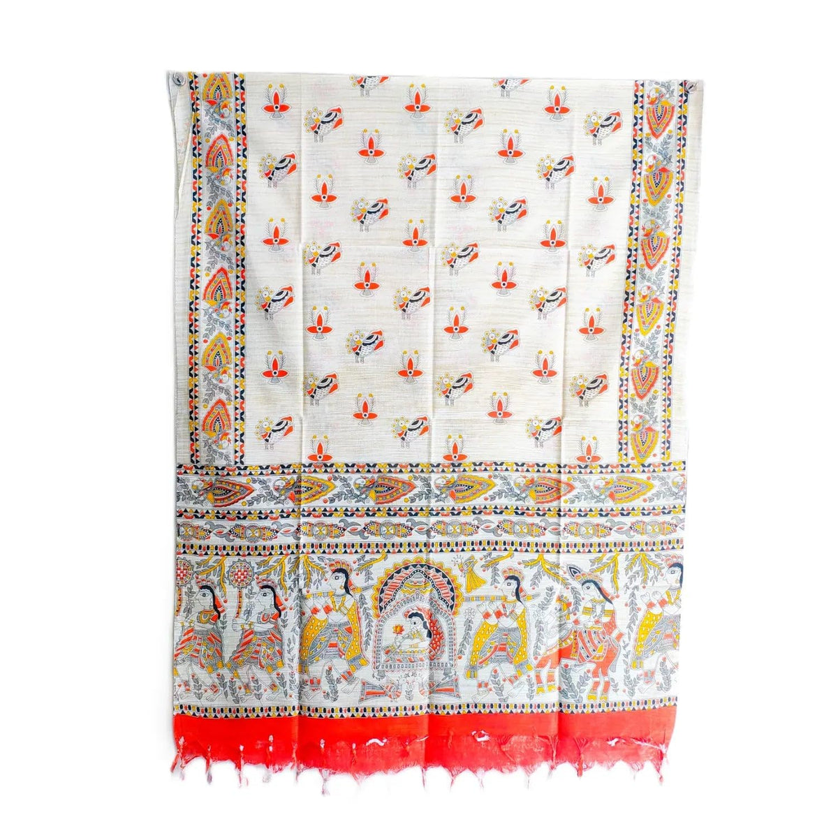 India Scarves Orange Madhubani Art Printed Cotton Silk Dupatta