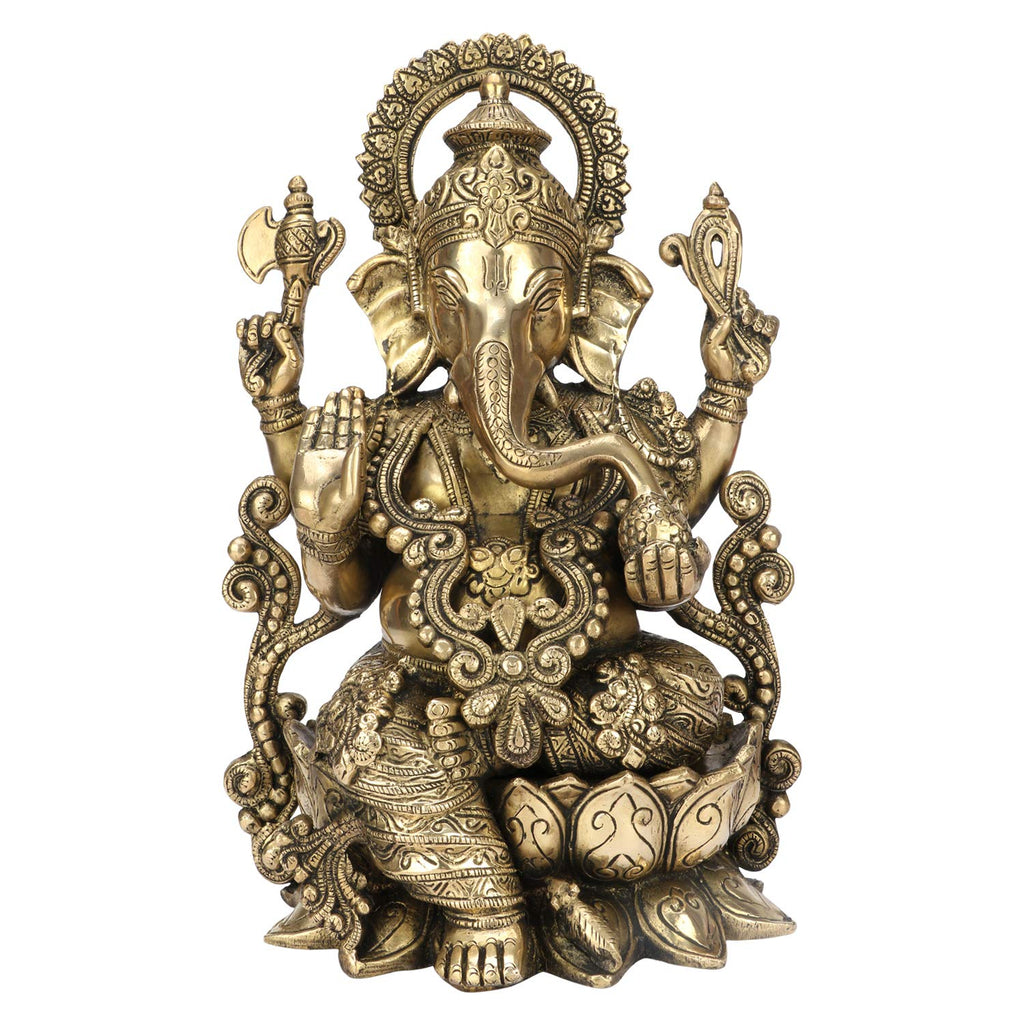 ARTVARKO Brass Jewellery Mangalkari Ganesha Sitting On Lotus Bhagwan Idol Ganesha Statue Ganpati Murti for Home Entrance Decor Diwali Gift