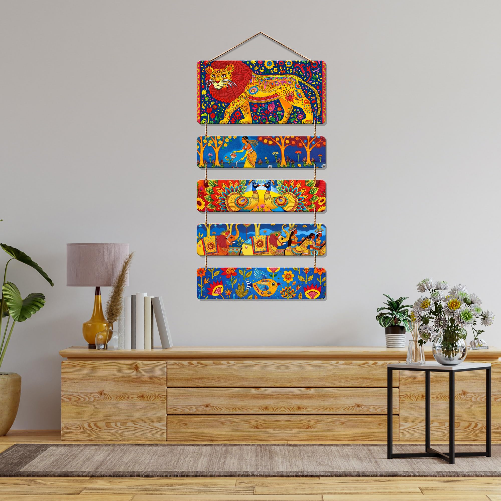 Artvibes Elephant Lion Peacock & Women Tribal Folk Art Decorative MDF Wooden Wall Art for Home | Wall Sculpture | Signs & Plaques | Handcrafted Art | Wall Poster | Art For Wall | Gifts (WH_6723N)