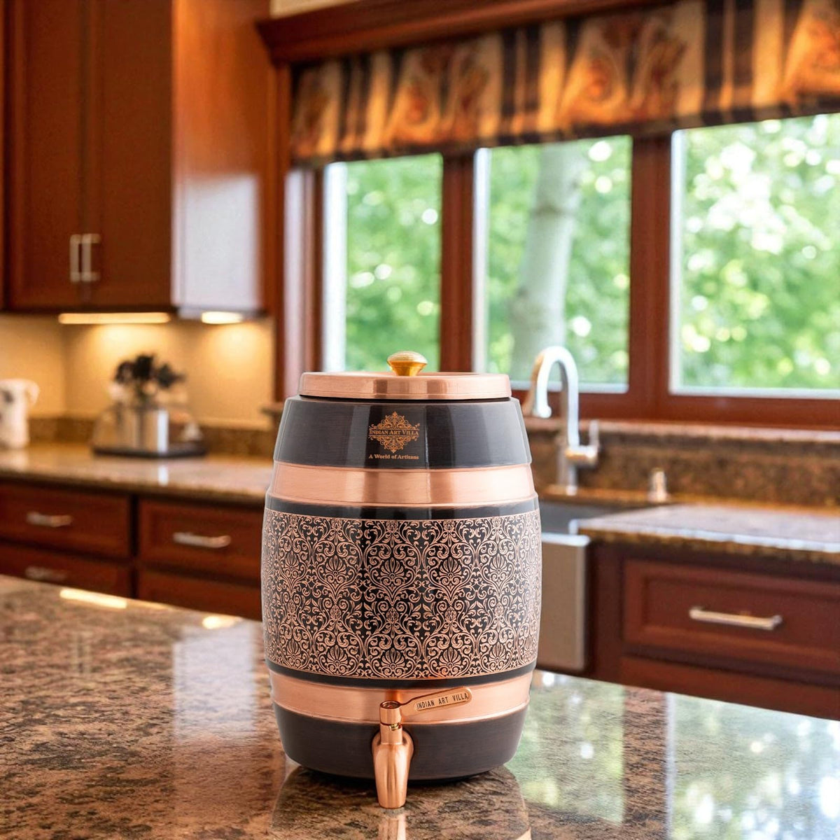 Indian Art Villa Copper Antique Finish Barrel Shaped Water Dispenser with Floral Engraved Design & Brass Tap – 5 Liters, Handcrafted Drinkware & Serveware for Home, Office, and Gifting