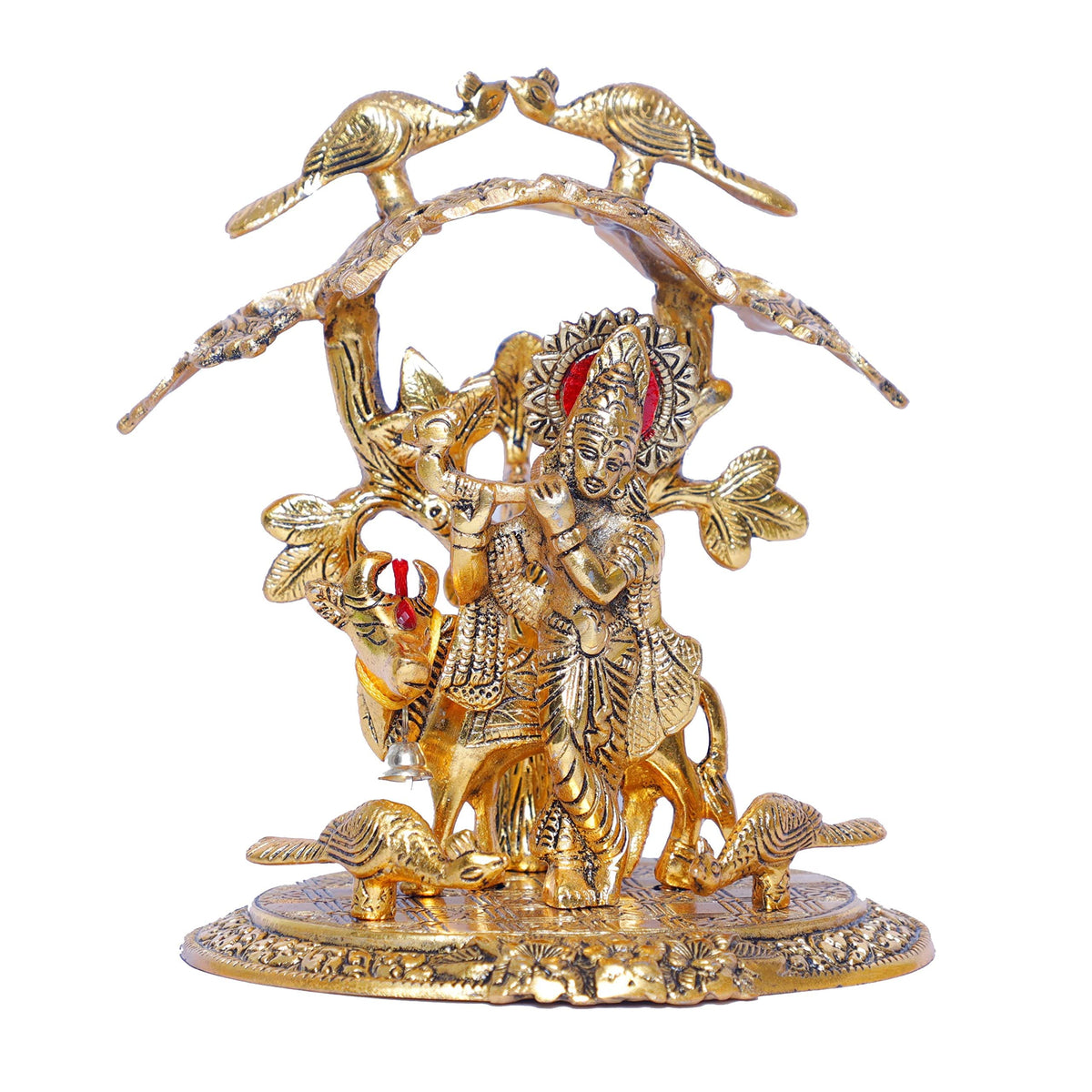 KridayKraft Krishna Playing Flute with Kamdhenu Cow Standing Under Tree Metal Statue for Pooja & Home Office Religious Idol Decorative Showpiece Table Top Figurines Murti for Decoration & Gift Purpose