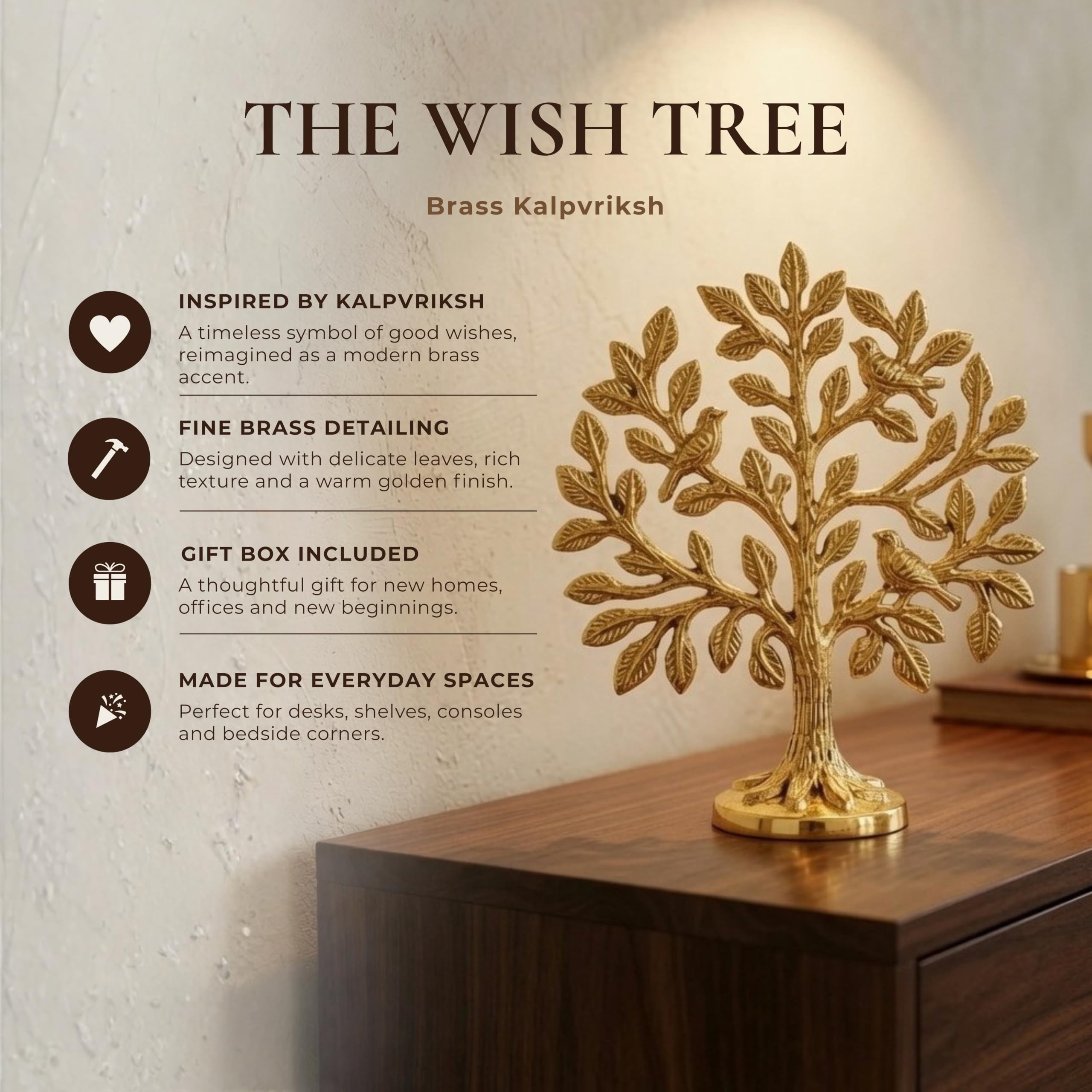 BEHOMA 100% Pure Brass (6 inch) Kalpvriksh Tree with Birds | Good Luck Gift