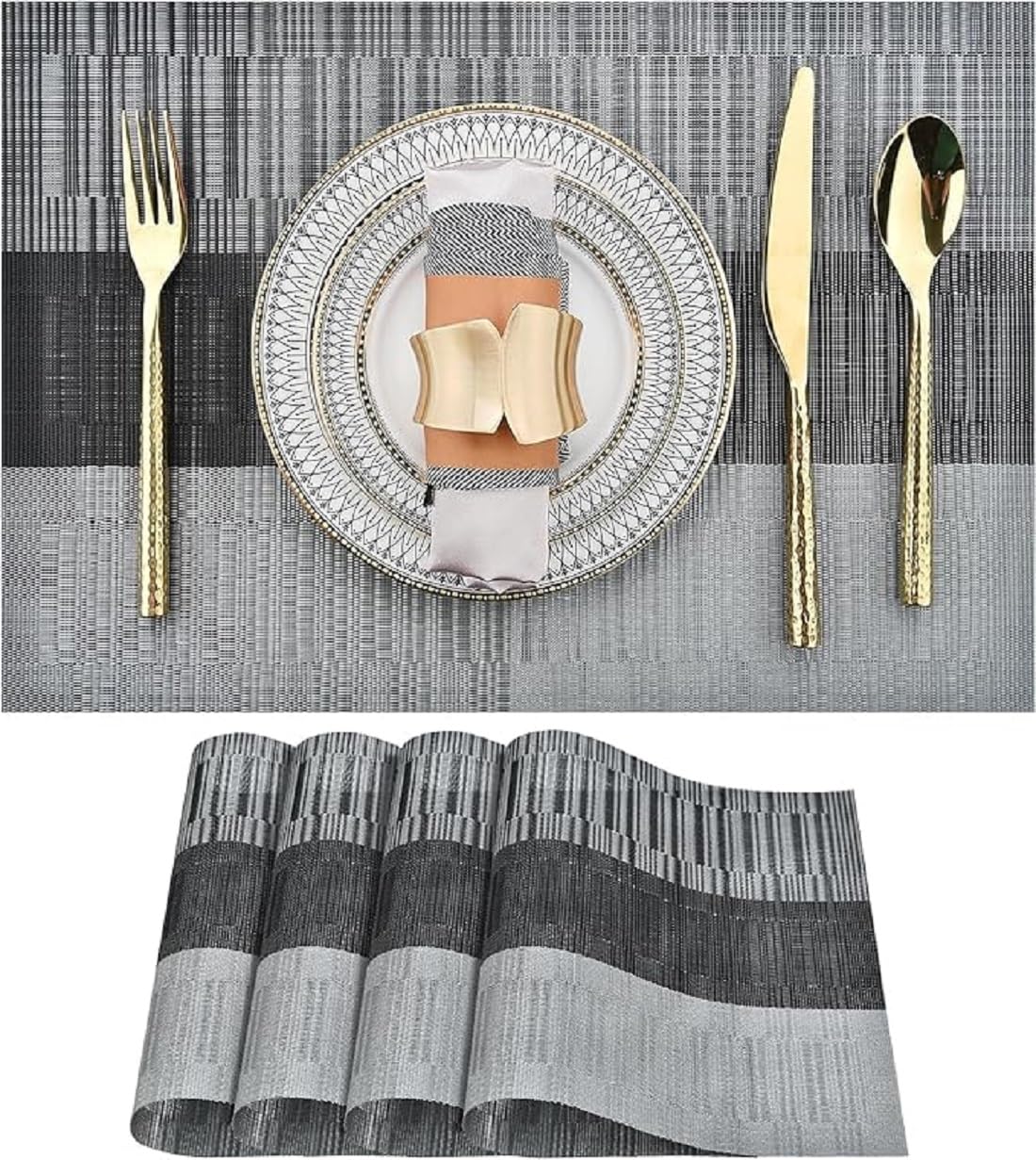 Potency Table Mats Set of 6, Woven Placemats for Dining Table, Heat-Resistant, Stain-Resistant, Anti-Skid, Washable Table Mats, Vinyl Placemats for Dining, Kitchen & Restaurant Table (A Black Grey) Kafalo