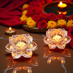 Saudeep India Set of 2 Diwali Tealight Candle Holders | Crystal Glass Lotus Decorative Tealights | Reusable Tea-Lights for Diwali Decoration, Pooja, Home Decor, Wedding & Festive Gifting