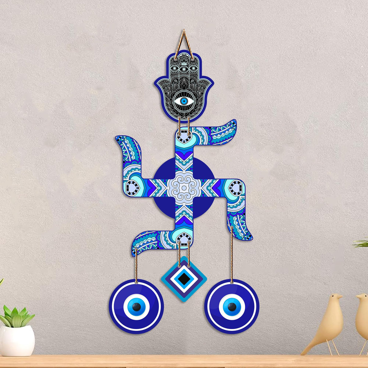 Artvibes Artistic Swastik Wall Hanging with Evil Eye Charms | Decorative Wooden Vastu Ornament for Home Entrance | Spiritual Decor for Prosperity | Harmony and Protection | Wall Art Gift (WH_85107N)