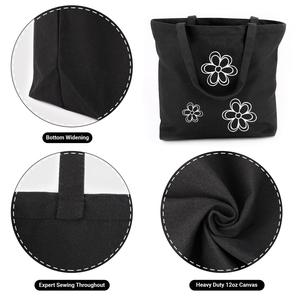 Segarty Black Canvas Tote Bag, 3 Packs 16x15 inch Canvas Bags with Zipper, 12Oz Heavy Duty Reusable Washable Grocery Shopping Bag with Handle, Blank Cotton Bags for Kids DIY Crafts Painting Bulk