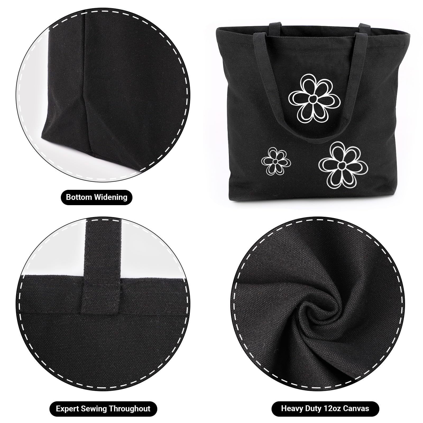 Segarty Black Canvas Tote Bag, 3 Packs 16x15 inch Canvas Bags with Zipper, 12Oz Heavy Duty Reusable Washable Grocery Shopping Bag with Handle, Blank Cotton Bags for Kids DIY Crafts Painting Bulk