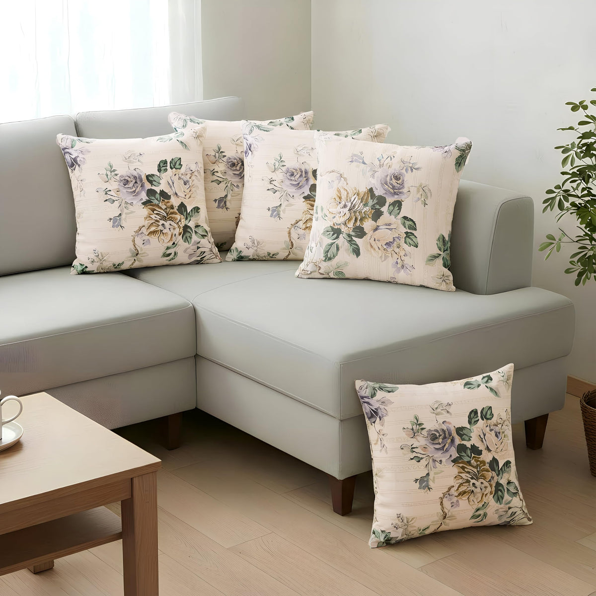 Clasiko Cotton Cushion Covers 12x12 – Set of 5 Decorative Cushion Covers, Lilac Fleur, Soft Cotton, Hidden Zip, Sofa & Bedroom Décor