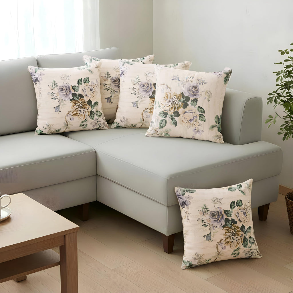 Clasiko Cotton Cushion Covers 24x24 – Set of 5 Decorative Cushion Covers, Lilac Fleur, Soft Cotton, Hidden Zip, Sofa & Bedroom Décor