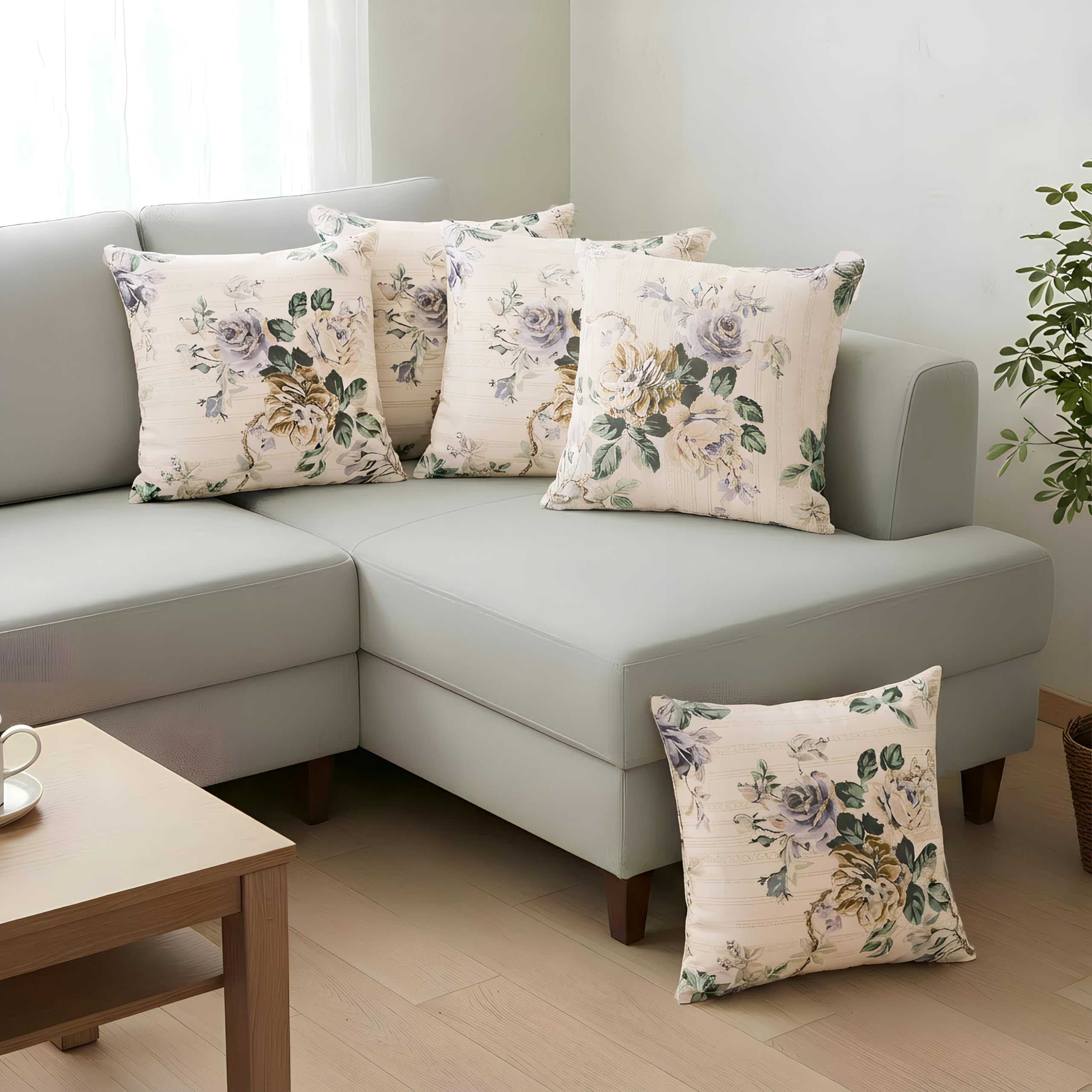 Clasiko Cotton Cushion Covers 18x18 – Set of 5 Decorative Cushion Covers, Lilac Fleur, Soft Cotton, Hidden Zip, Sofa & Bedroom Décor