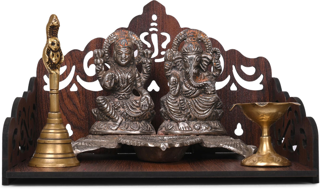 GOJEEVA KRAFT Engineered Wood Hand Crafted Carved Pattern Home Temple for Idols Temple for Home and Office I Ganesh Ji Engraved | Set Top Box Stand I Wooden Mandir (Pack of 1) (Medium)