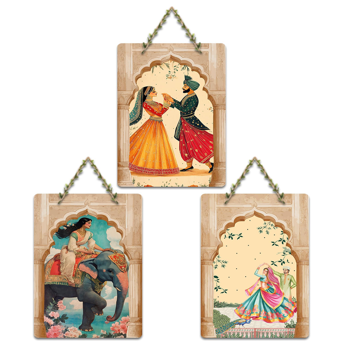 Artvibes Indian Culture Artwork Decorative Wall Art MDF Wooden Wall Hanger for Home | Printed Wall Decoration | Graphic Artwork | Aesthetic Wooden Decor | Sceneries | Ideal Gifts (WH_96125N), Set of 3