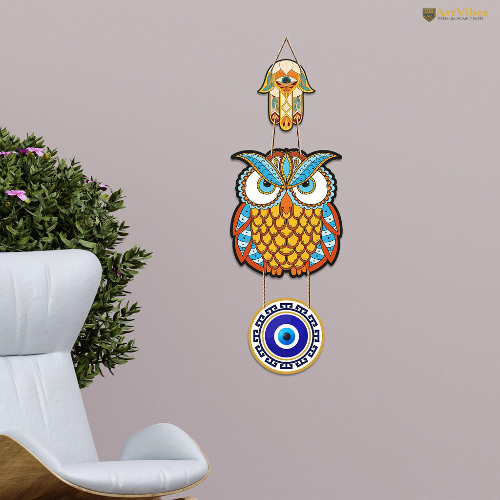Artvibes Owl Shape Luck Prosperity MDF Wood Wall Hanger Ornaments For Vastu For Home Decoration | Livingroom | Spiritual Decor Item | Wall Illustrations | Ethnic Wall Decor | Wall Art Print (WH_8504N)