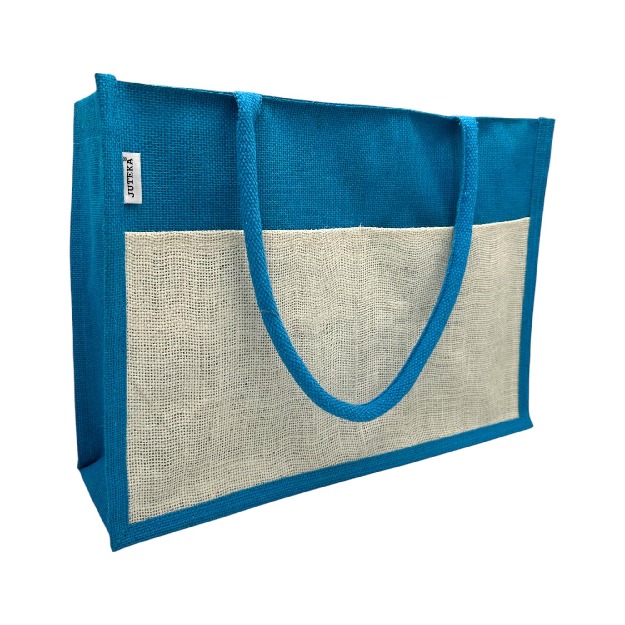 JUTEKA Multicolor spacious Jute Bag with Zipper Closure, Full Size Front Pocket and Large Handles… (Sky Blue)
