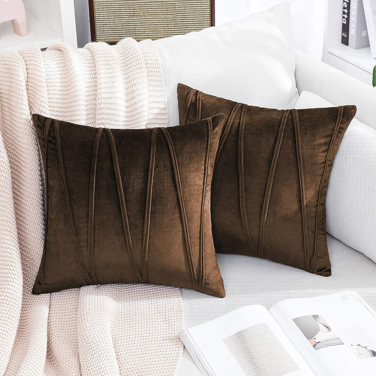 Khooti Velvet Striped Cushion Cover Pack of 1-34 x 34 / 86 x 86 cm | Brown | Soft Pillow Covers Cushion Case for Sofa Bedroom Livingroom Chair Car, Cushion Cover with Zig Zag Pattern
