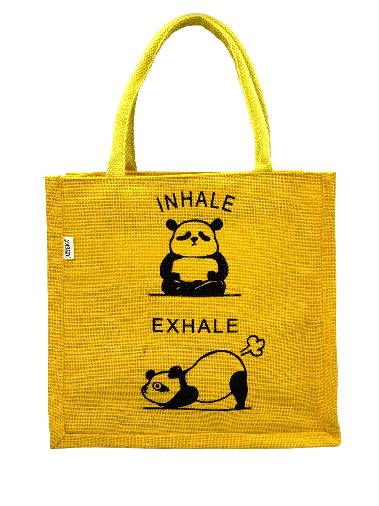JUTEKA Printed Eco Friendly Jute Bag with Zipper Closure and Premium Cotton Handles for Lunch, Grocery, Tiffin, Office, Shopping
