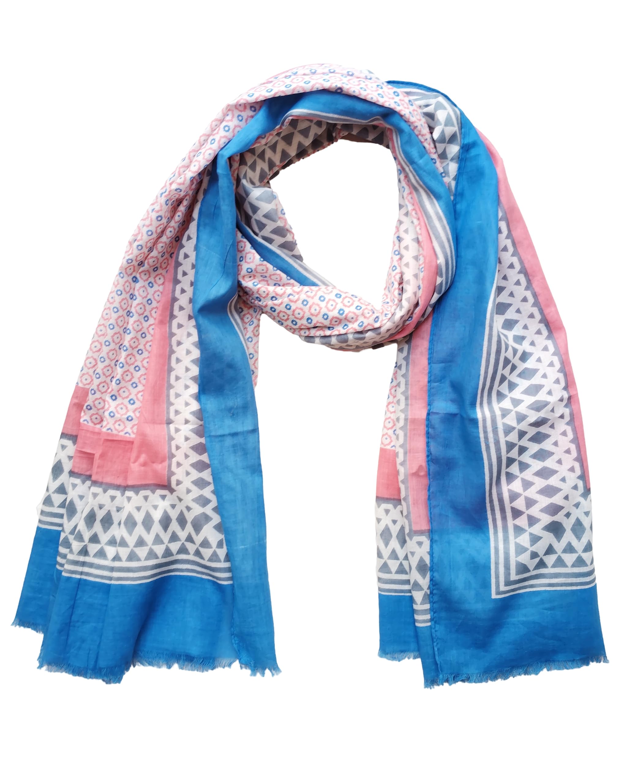 Fabtone Kalamwri Printed 100% Soft Cotton Scarf/Stole for Women’s 100x180 cms Blue Pink, Summer Style