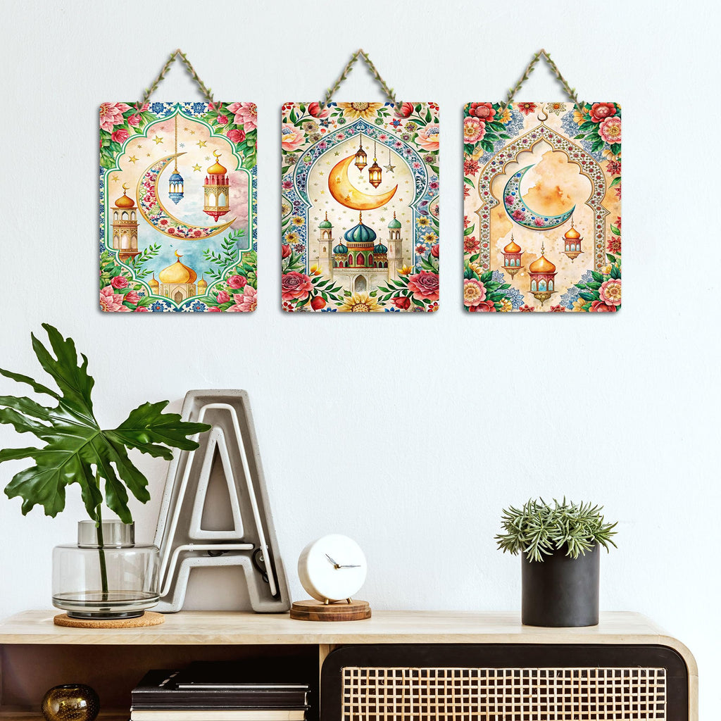 Artvibes Decorative Mosque Decorative Wall Hanging Wooden Art Decoration item for Living Room | Islamic Decoration | Wall Poster| Stylish Modern Decor Item | Gift Items (WH_96189N), Set of 3