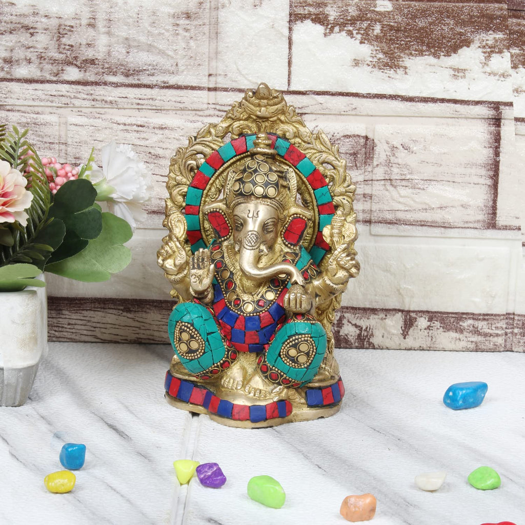 ARTVARKO Brass Multicolor Ganesh Idol Statue Elephant Murti God Ganesha Vinayak Ganpati Sitting Sculpture Bhagwan Entrance Home Warming Vastu Décor Height 8 Inch