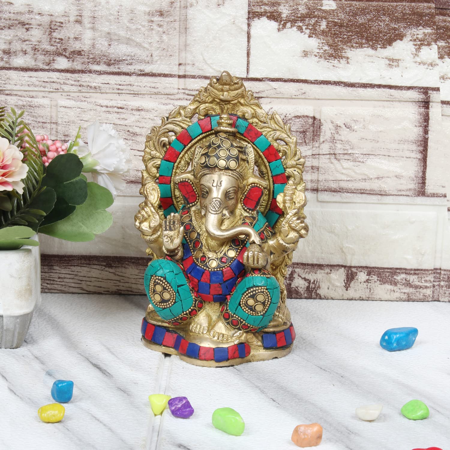 ARTVARKO Brass Multicolor Ganesh Idol Statue Elephant Murti God Ganesha Vinayak Ganpati Sitting Sculpture Bhagwan Entrance Home Warming Vastu Décor Height 8 Inch