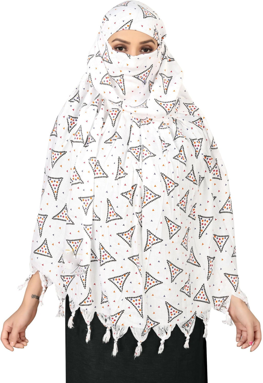 Sclout Soft Cotton Breathable Sun Protection Scarf Dupatta Usable for vehicle Driver | White Printed Design Stoles | Universal Size | For Girl & Women | Light Weight (Scarf - Samosa)