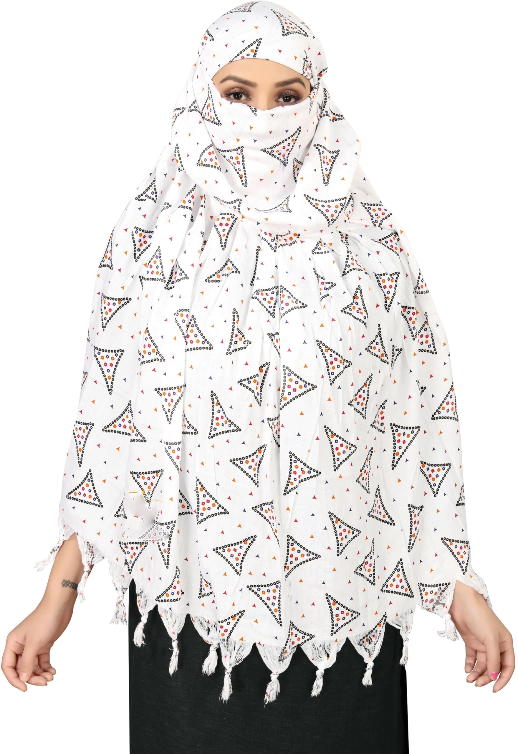 Sclout Soft Cotton Breathable Sun Protection Scarf Dupatta Usable for vehicle Driver | White Printed Design Stoles | Universal Size | For Girl & Women | Light Weight (Scarf - Samosa)