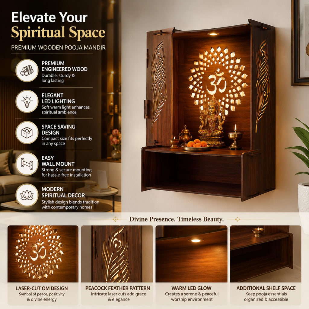 PIXIEDAISY Wooden Temple for Home with LED Light | Wall Mounted Pooja Mandir for Home & Office | Beautiful Wooden Pooja Stand for Living Room, Prayer Room & Hindu Temple Décor (Style-4)
