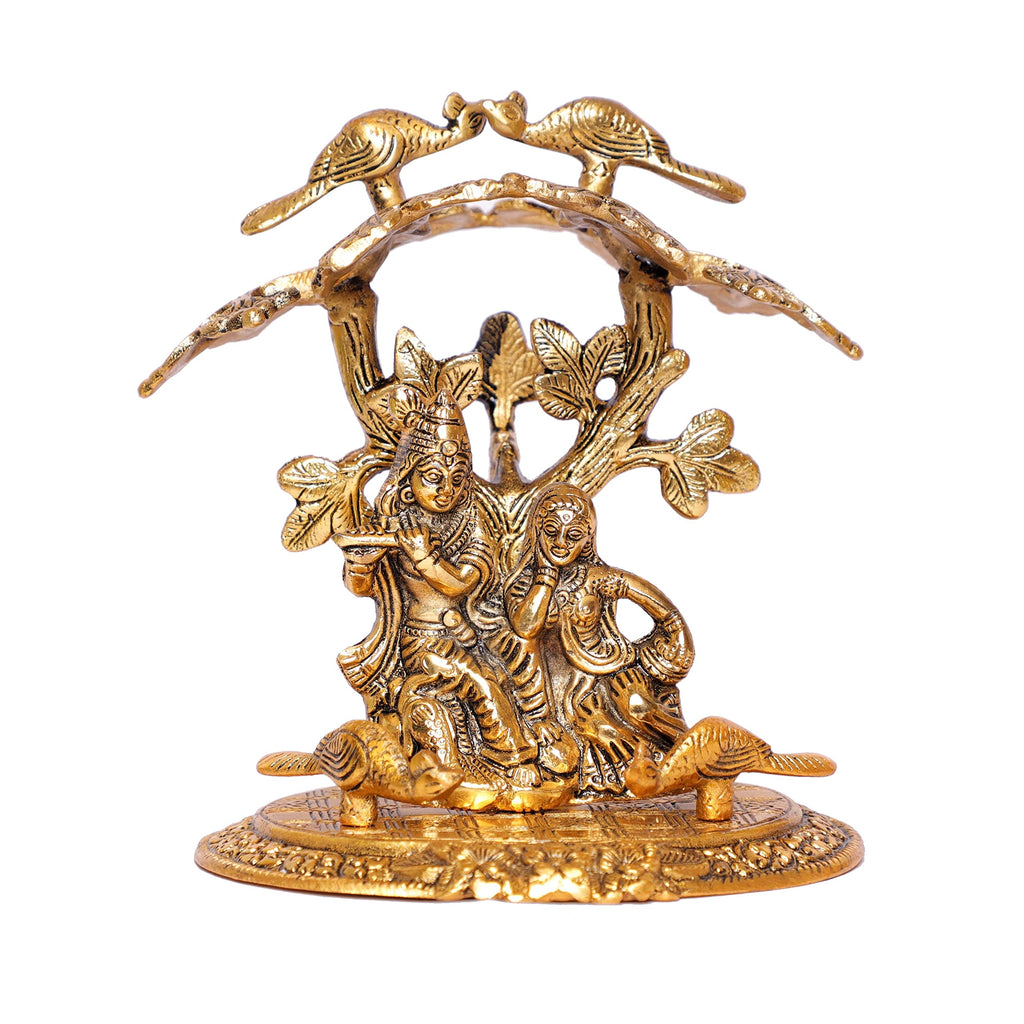 KridayKraft Radha Krishna Playing Flute Under Tree Idol Gold Antique Finish for Home,Office &Table Decorative Gift for Have House Warming, Birthday...