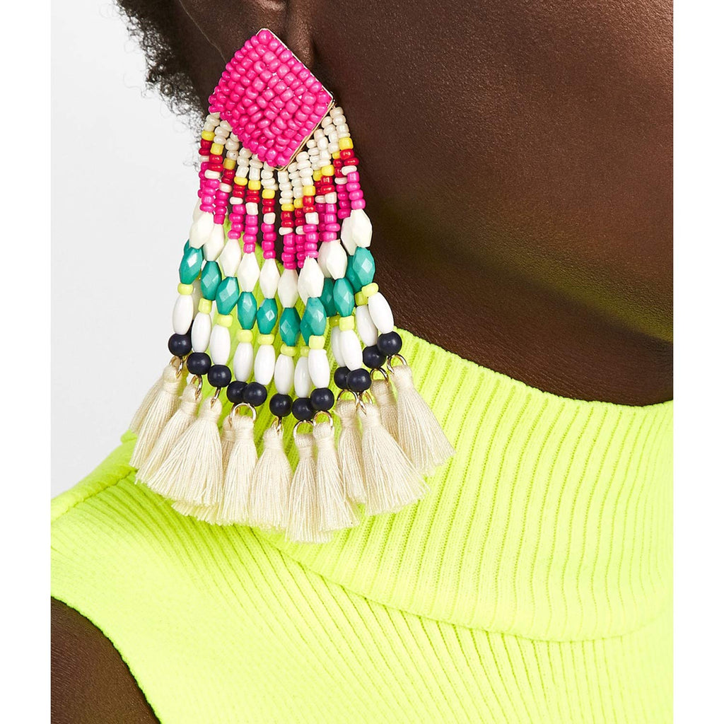 Young & Forever Gift Women's Special Boho Carnival Sea Island Long Tassel Handmade Pink Statement Beads Dangle Earrings Ethnic Jewelry
