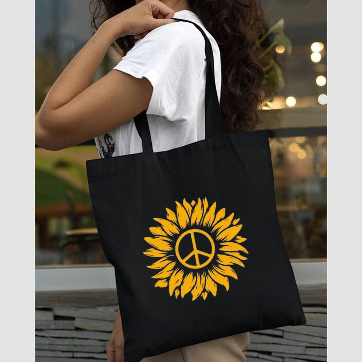 Peach Blossom Printed Cotton Zipper Tote Bags | CBAG - BLK-BLOOM BENZ