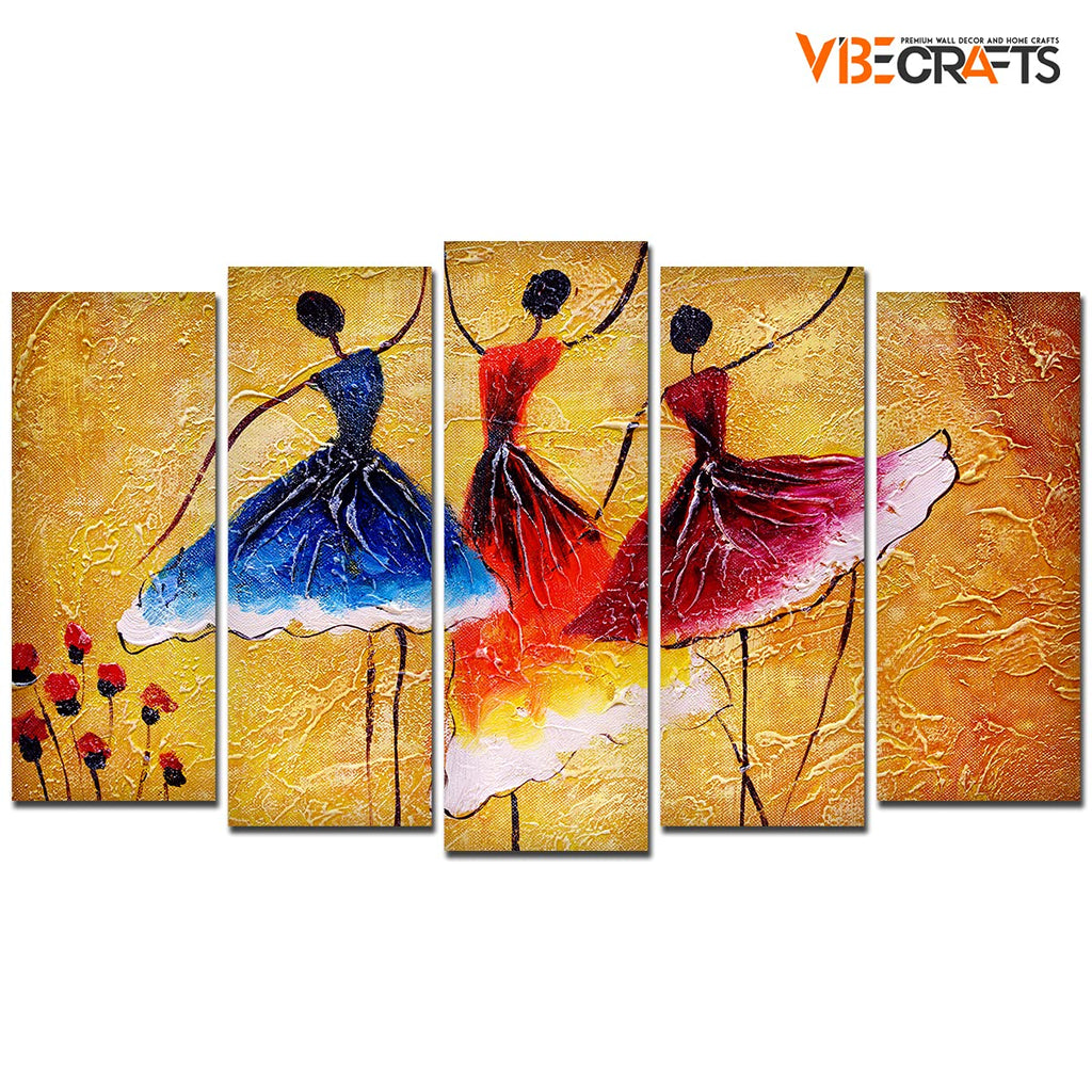 VIBECRAFTS Dancing Women Warli Art 5 Pieces Premium Wall Painting For Home|Office|Living Room|Gift (PTVC5Pcs2_6501)