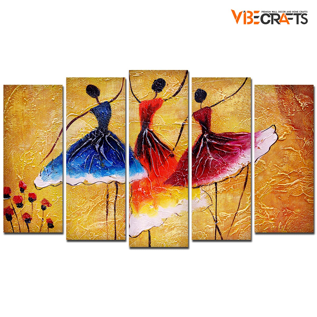 VIBECRAFTS Dancing Women Warli Art 5 Pieces Premium Wall Painting For Home|Office|Living Room|Gift (PTVC5Pcs2_6501)