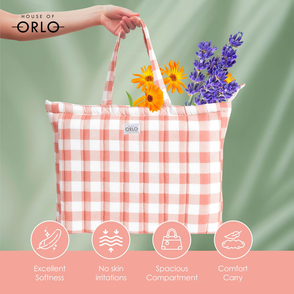 HOUSE OF ORLO: Pinteresty QUILTED 100% Cotton Checked Tote Bags with Zipper for Women - For College, Travel, Work and Daily Use -Small, Terracotta