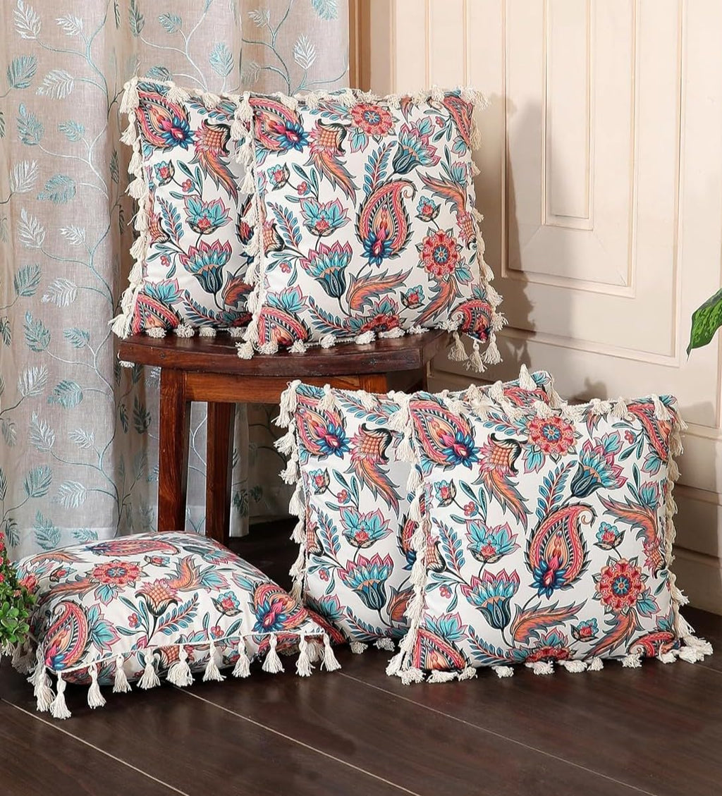 ishro home Premium Cushion Cover 16 inch x 16 inch | Set of 5 – Soft European Standard Fabric, Frill Design, Machine Washable | (5, Paisley Fiesta, 16x16 Inch)
