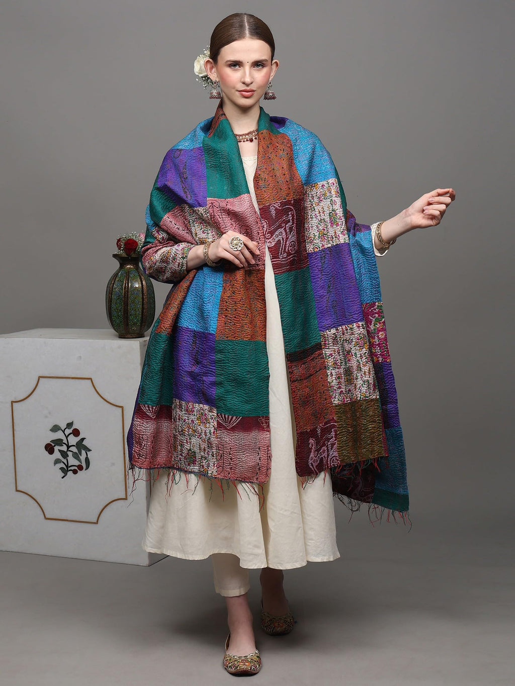 Exotic India Women's Multi-Color Patchwork Reversible from Kolkata with Kantha Stitch Embroidery All-Over Pure Silk Shawl