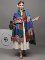 Exotic India Women's Multi-Color Patchwork Reversible from Kolkata with Kantha Stitch Embroidery All-Over Pure Silk Shawl