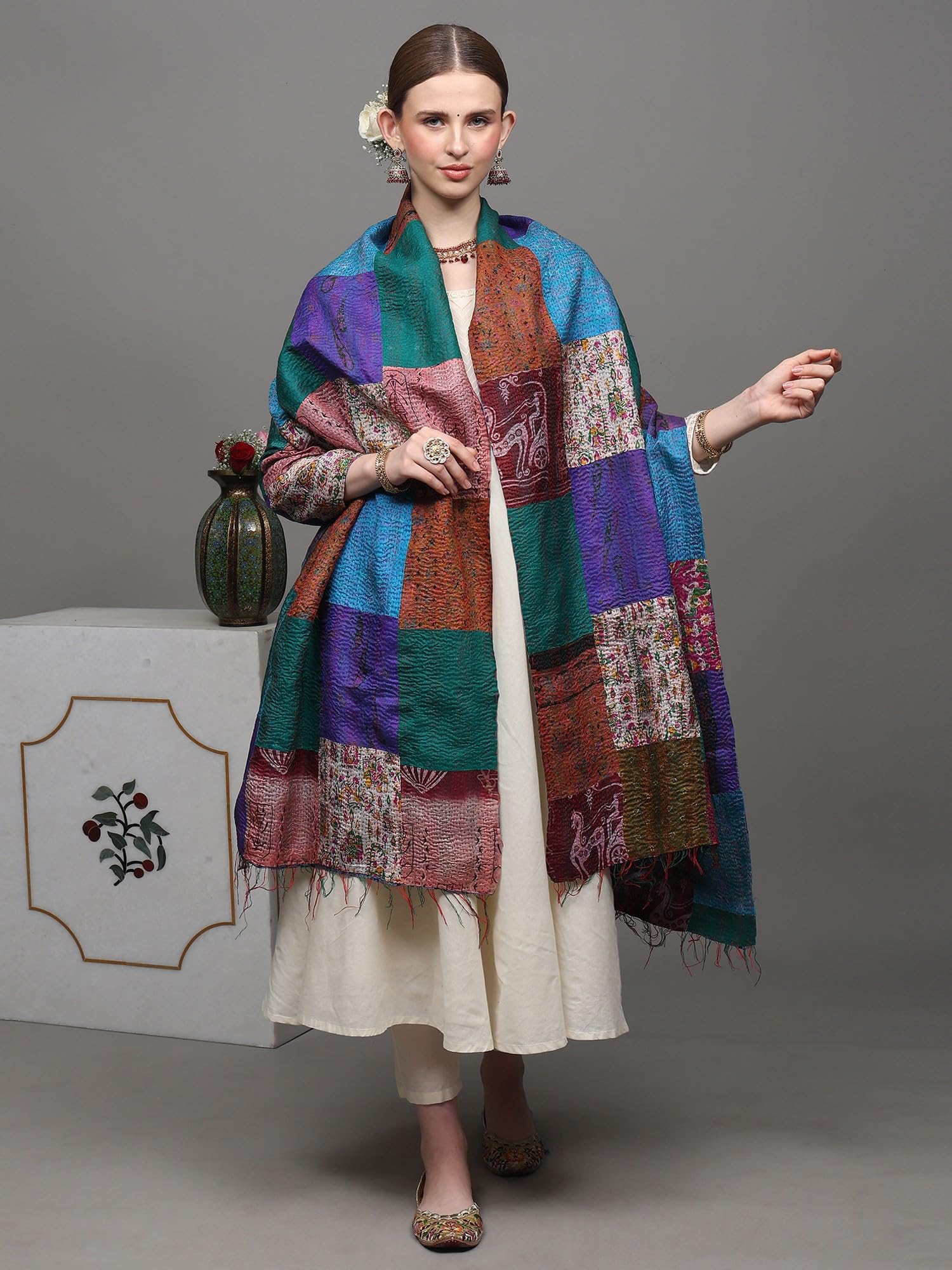 Exotic India Women's Multi-Color Patchwork Reversible from Kolkata with Kantha Stitch Embroidery All-Over Pure Silk Shawl