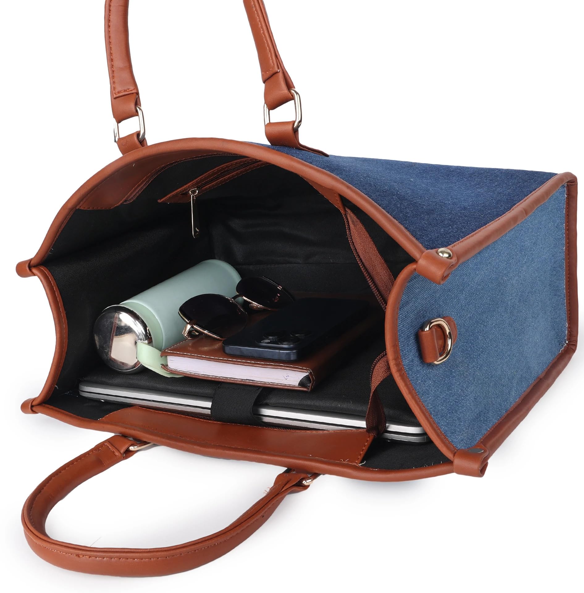 KIVOLEX Denim Laptop Tote Bag for Women | Fits 14 Inch Laptop | Office & College Handbag with Adjustable Shoulder Strap | Multi-Compartment Work Bag | Premium Denim & Vegan Leather
