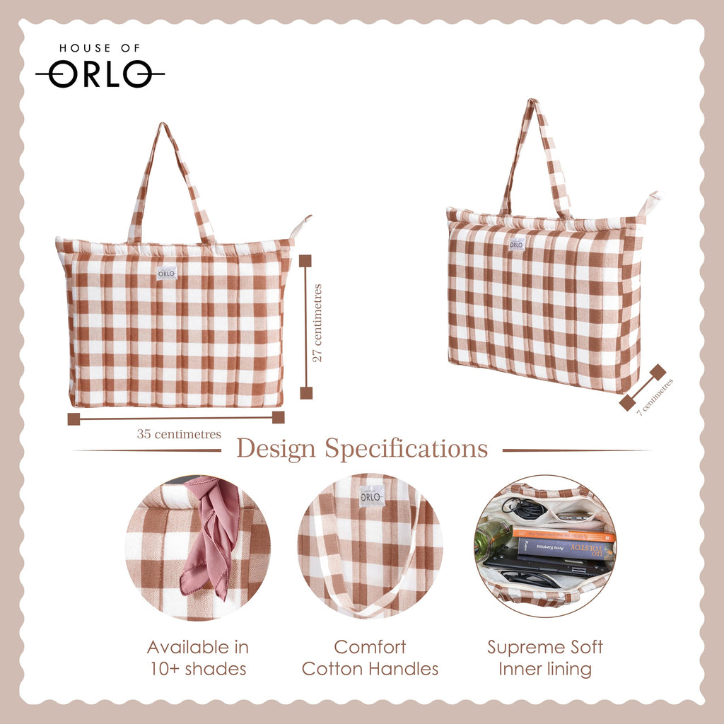HOUSE OF ORLO: Pinteresty QUILTED 100% Cotton Checked Tote Bags with Zipper for Women - For College, Travel, Work and Daily Use -Large, Mocha Mousse