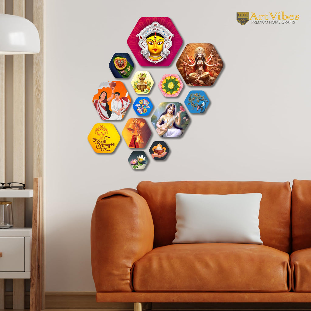 Artvibes Hindu Goddess Hexagon Shape MDF Wooden Wall Decor Items | Spiritual Decor Items | Wall Sculpture | Signs & Plaques | Painting| Stylish Modern Decor Item | Gift Items (WPS_226N), Set of 13