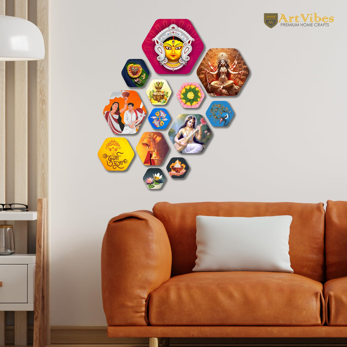 Artvibes Hindu Goddess Hexagon Shape MDF Wooden Wall Decor Items | Spiritual Decor Items | Wall Sculpture | Signs & Plaques | Painting| Stylish Modern Decor Item | Gift Items (WPS_226N), Set of 13